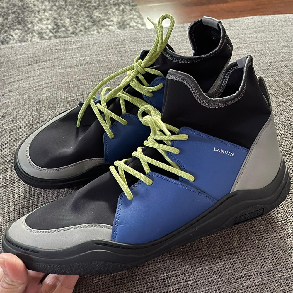 Lanvin Neoprene & Leather FM-SKDKLN-NEOP-H17 Sneakers Black & Blue Men’s SZ 9